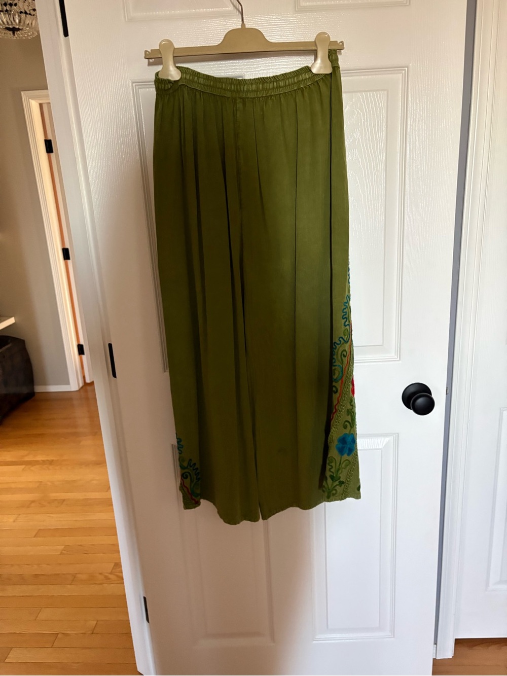 Olive Green Wide-Leg Embroidered Women's Pants - Picture 8 of 11